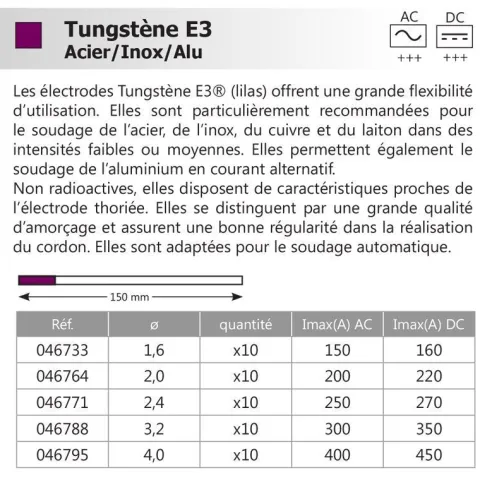 5 électrodes 150 mm, tungstène E3, Ø 1.6 mm - Lila - Binzel -
