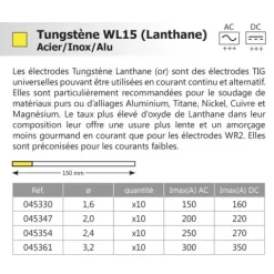 10 électrodes 150 mm, tungstène lanthane, Ø 1 mm - Or
