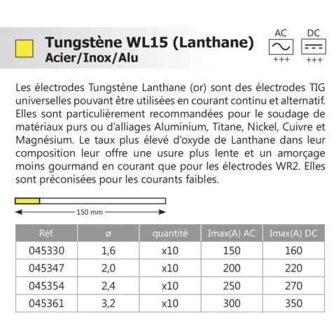 10 électrodes 150 mm, tungstène lanthane, Ø 3.2 mm - Or
