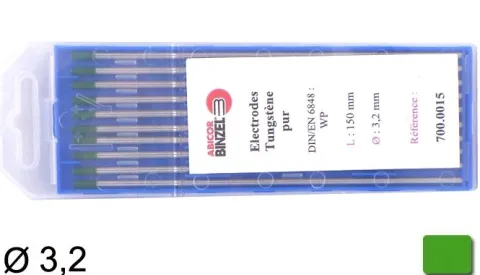 10 électrodes 150 mm, tungstène pur, Ø 3,2 mm - Vert - BINZEL