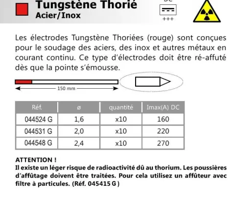 10 électrodes 150 mm, tungstène thorié, Ø 4 mm - Rouge