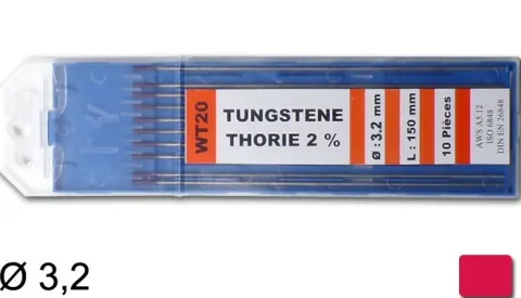 10 électrodes 150 mm, tungstène thorié, Ø 3,2 mm - Rouge