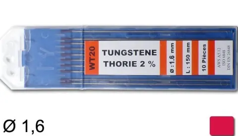 10 électrodes 150 mm, tungstène thorié, Ø 1,6 mm - Rouge