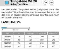 10 électrodes 150 mm, tungstène WL20, Ø 3,2 mm - Bleu