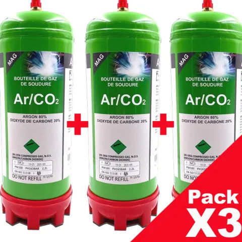PACK (X3) BOUTEILLES GAZ ARGON + CO2 jetable 2,2 Litres - Soudure Acier Inox