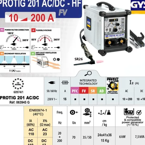 Poste de soudure PROTIG 201 AC/DC avec accessoires - GYS
