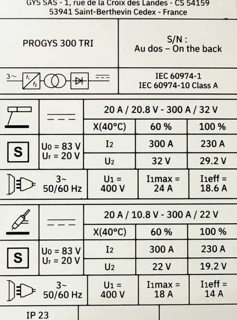 Poste à souder PROGYS 300 TRI - sans accessoires - GYS